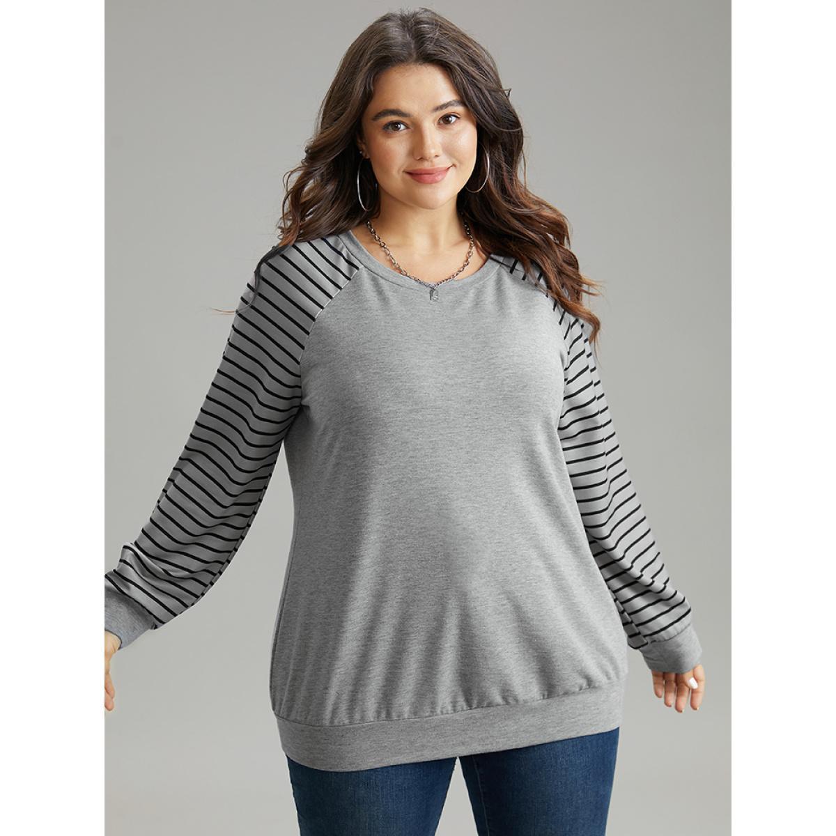 Plus Size Striped Patchwork Crew Neck Raglan Sleeve Sweatshirt Women Gray Casual Contrast Round Neck Dailywear Sweatshirts BloomChic 30/6X Product Image
