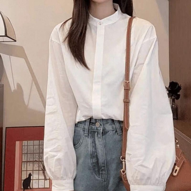 Long Sleeve Band Collar Plain Shirt Product Image