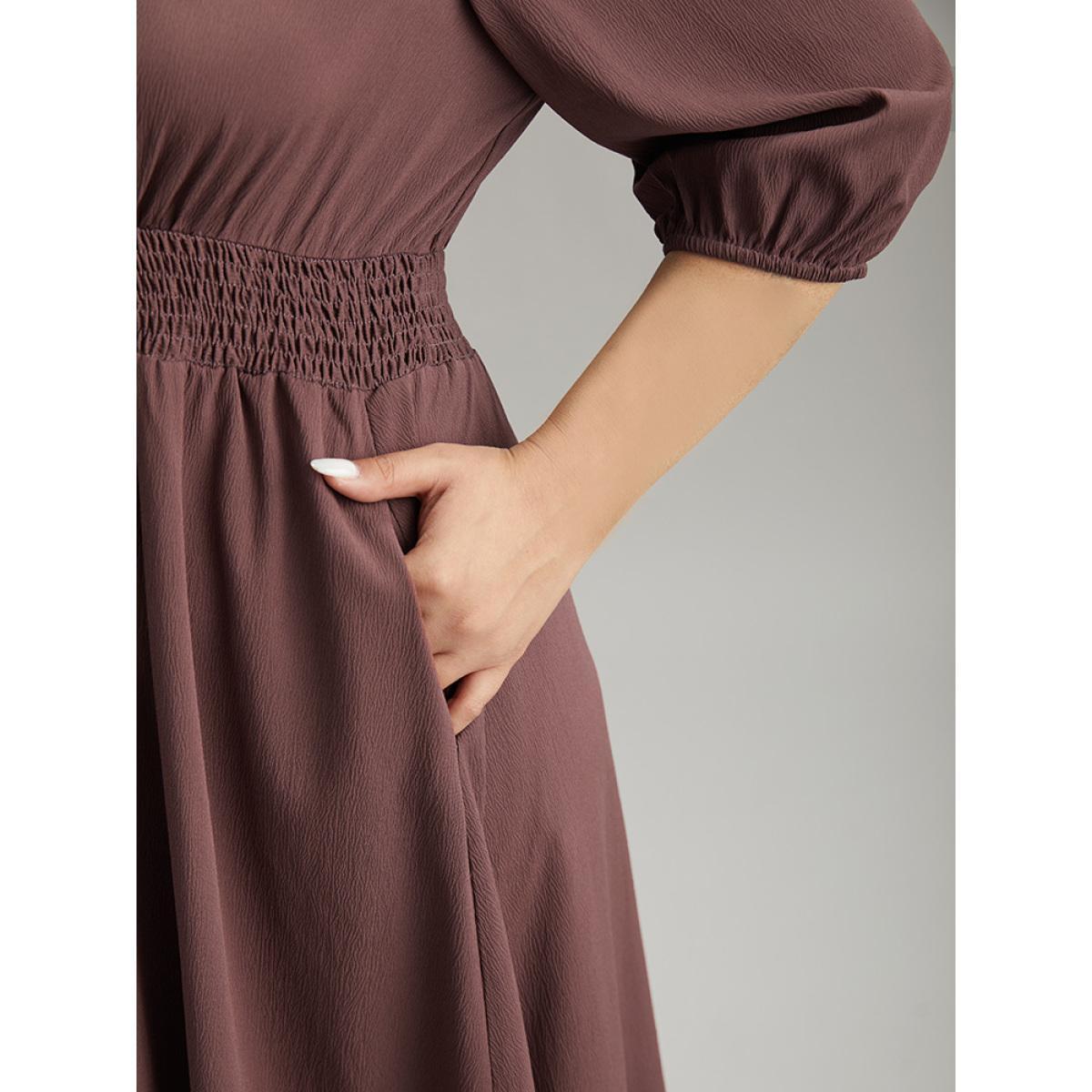Plus Size Solid Notched Lantern Sleeve Shirred Dress Eggplant Women Office Elastic cuffs Notched collar Elbow-length sleeve Curvy Midi Dress BloomChic 18-20/2X Product Image