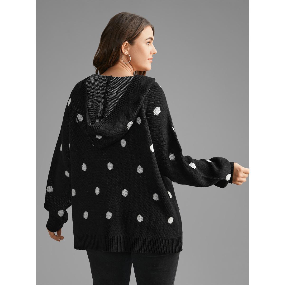 Plus Size Polka Dot Hooded Patch Pocket Pullover Black Women Casual Loose Long Sleeve Hooded Everyday Pullovers BloomChic 28/5X Product Image