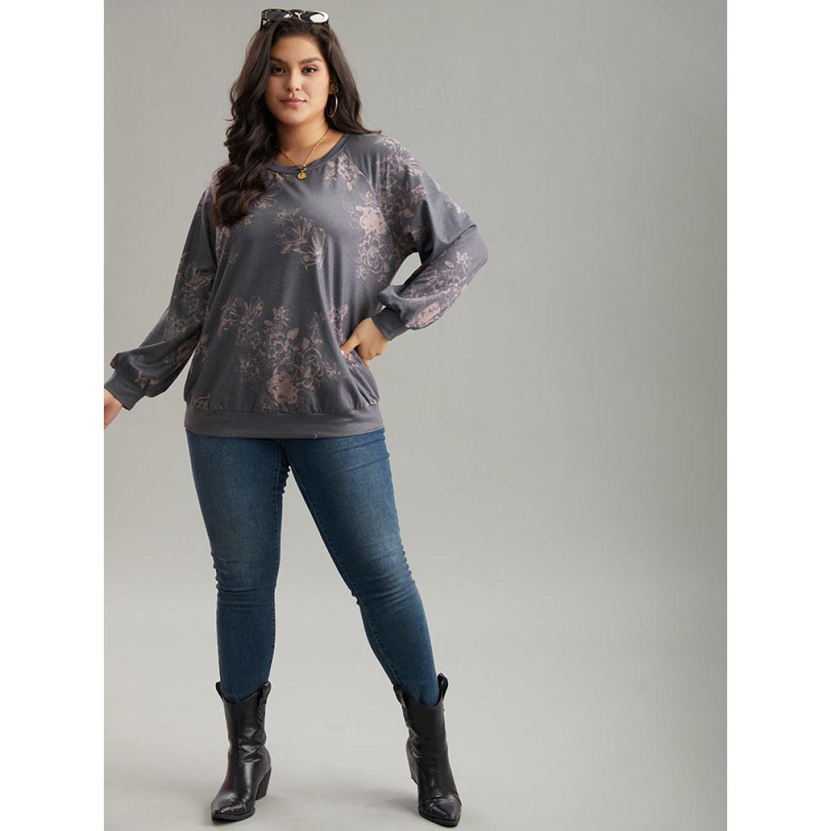 Plus Size Floral Print Round Neck Raglan Sleeve Sweatshirt Women Gray Elegant Heather Round Neck Dailywear Sweatshirts BloomChic 28/5X Product Image