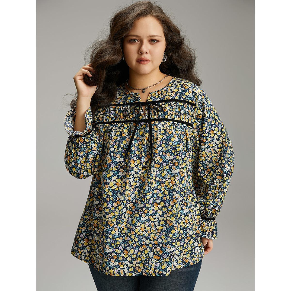 Plus Size Indigo Ditsy Floral Ties Contrast Trim Blouse Women Elegant Long Sleeve Tie Neck Dailywear Blouses BloomChic 22-24/3X Product Image