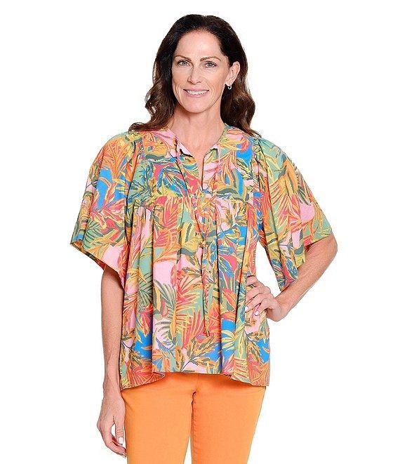 Tru Luxe Jeans Tropical Print Cotton Split Neck Elbow Sleeve Top Product Image