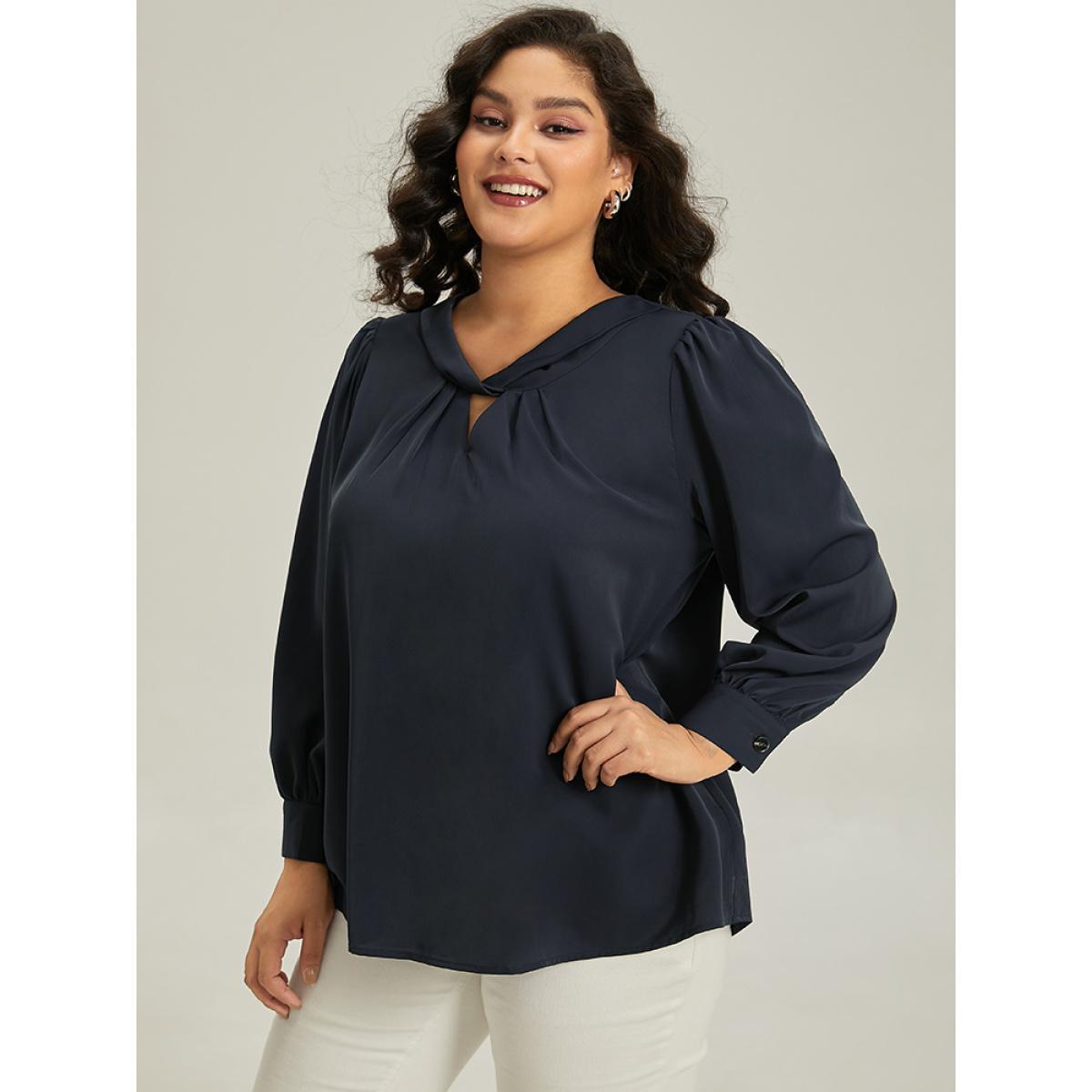 Plus Size Midnight Plain Twist Neck Keyhole Lantern Sleeve Blouse Women Office Long Sleeve Round Neck Work Blouses BloomChic 18-20/2X Product Image