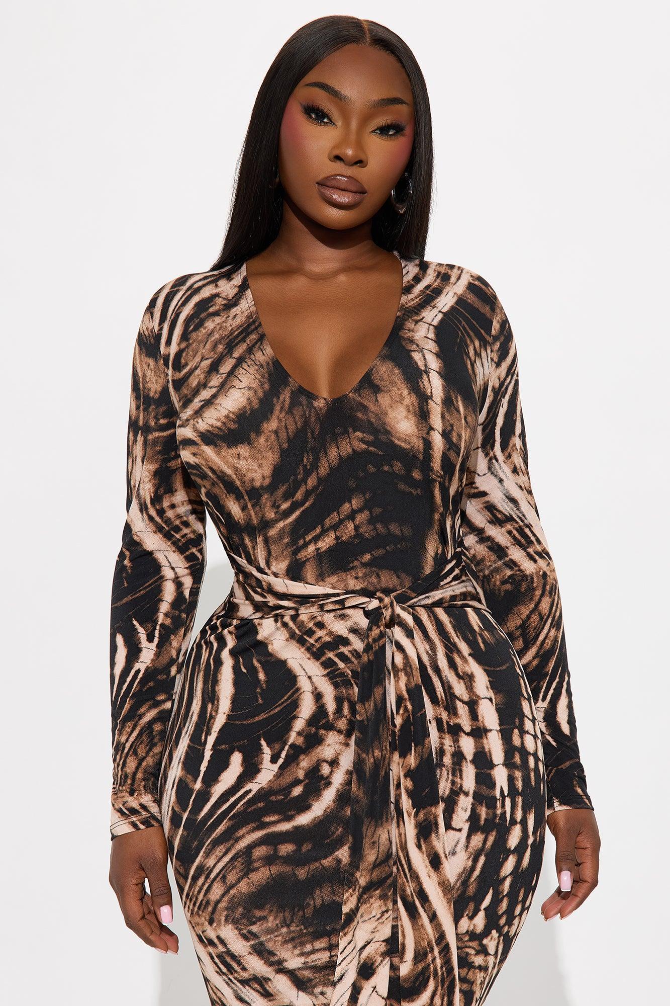 Lizzy Printed Long Sleeve Midi Dress - Brown/combo Product Image