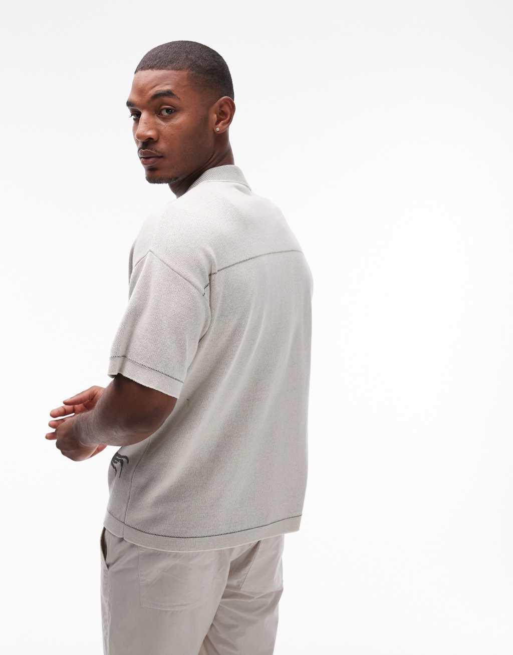 Topman knit camp collar polo with palm embroidery in white Product Image