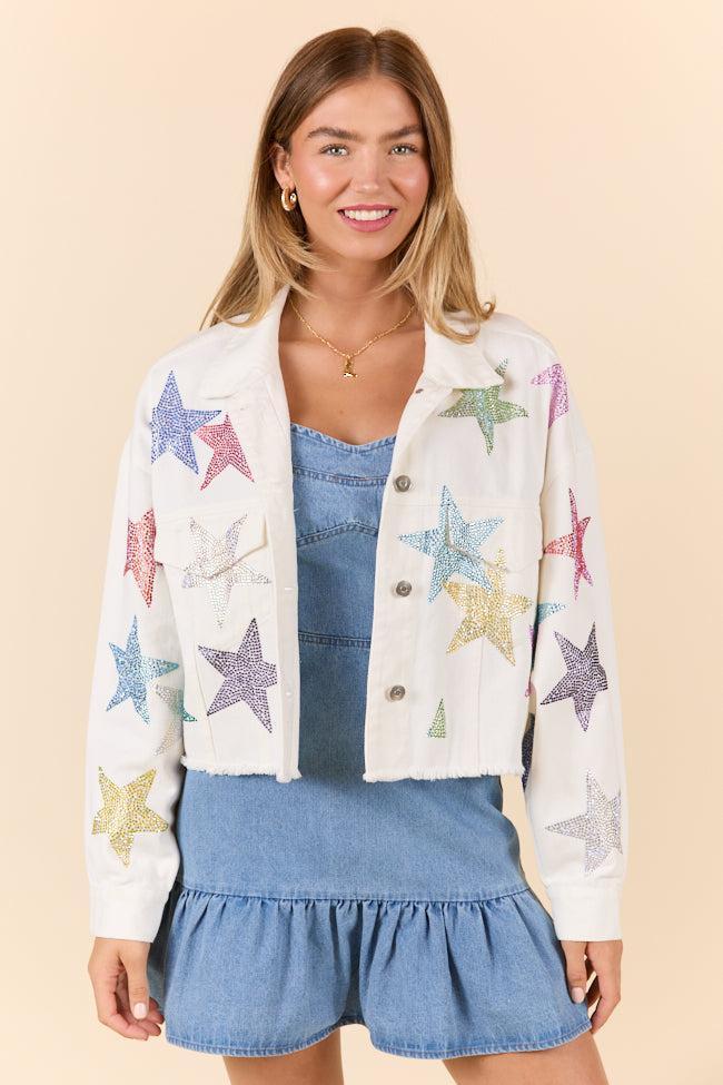 Shine Bright White Embellished Star Denim Jacket FINAL SALE Product Image