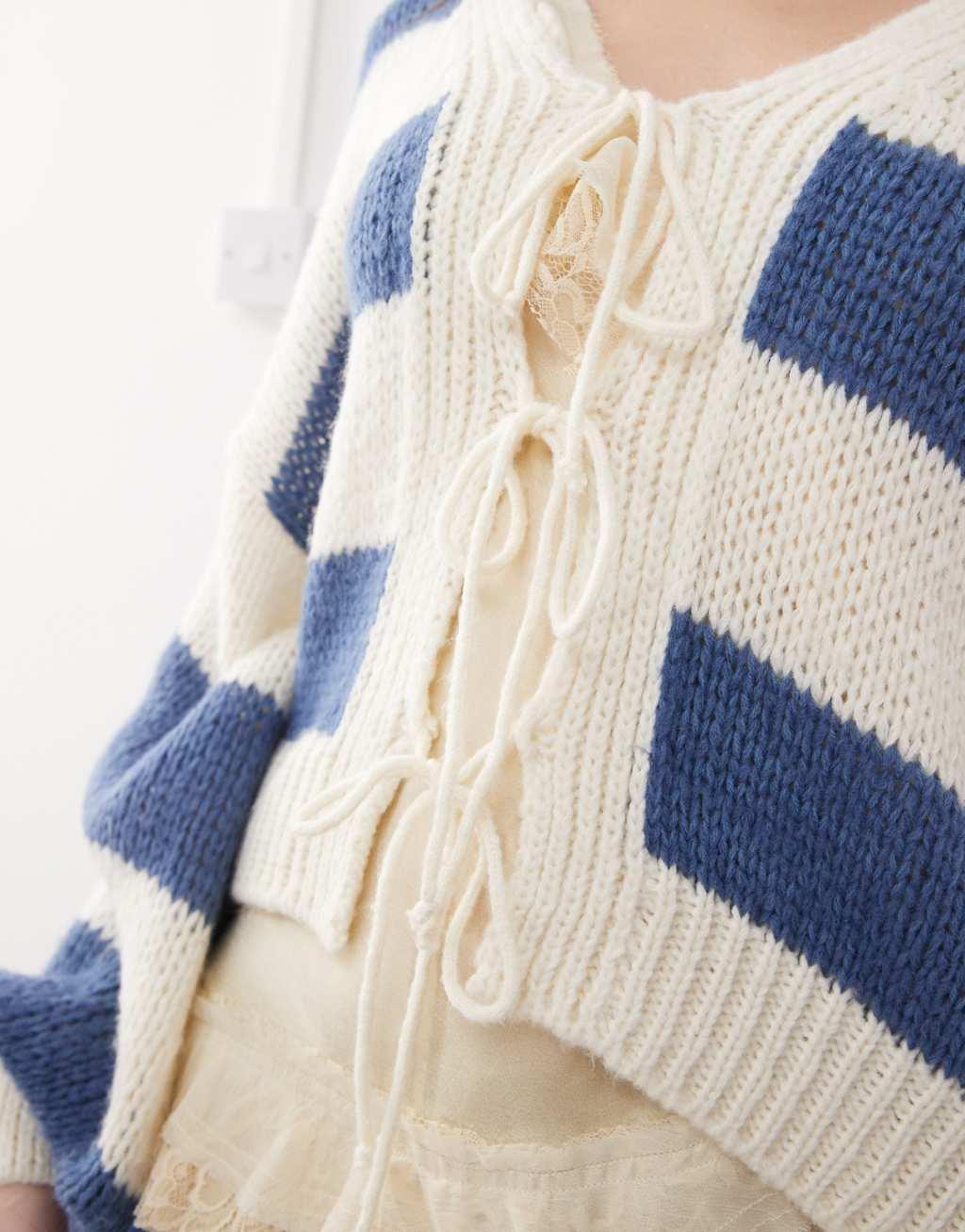 Reclaimed Vintage slouchy tie front cardigan in navy stripe Product Image