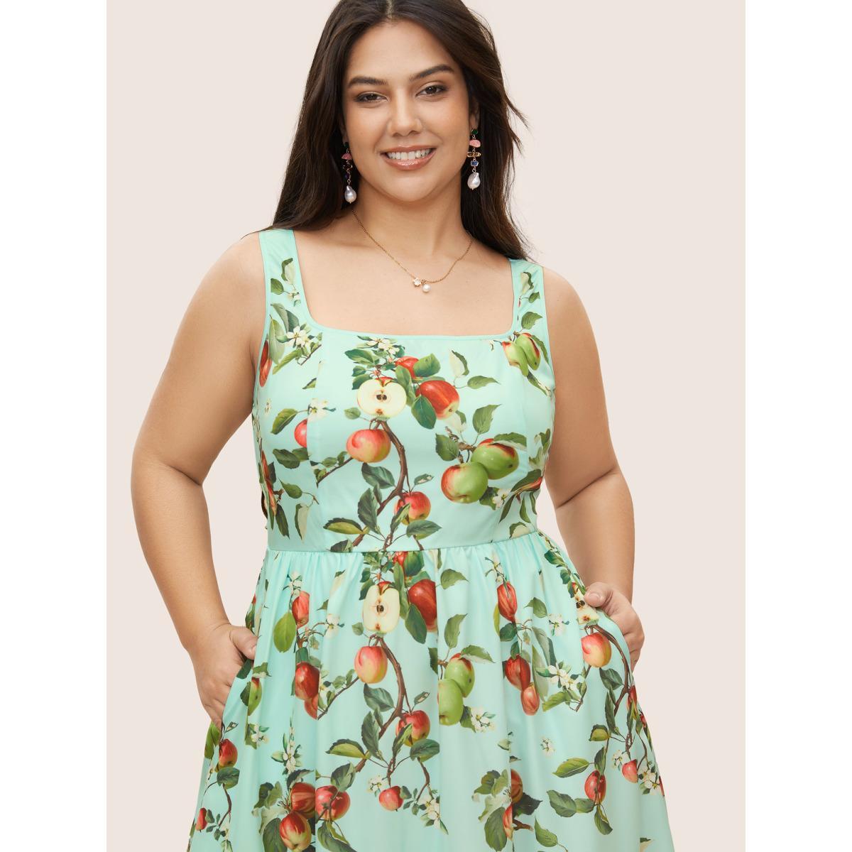 Plus Size Citrus Fruit Print Square Neck Elastic Waist Dress LightGreen Women Elegant Gathered Square Neck Sleeveless Curvy BloomChic 10/M Product Image