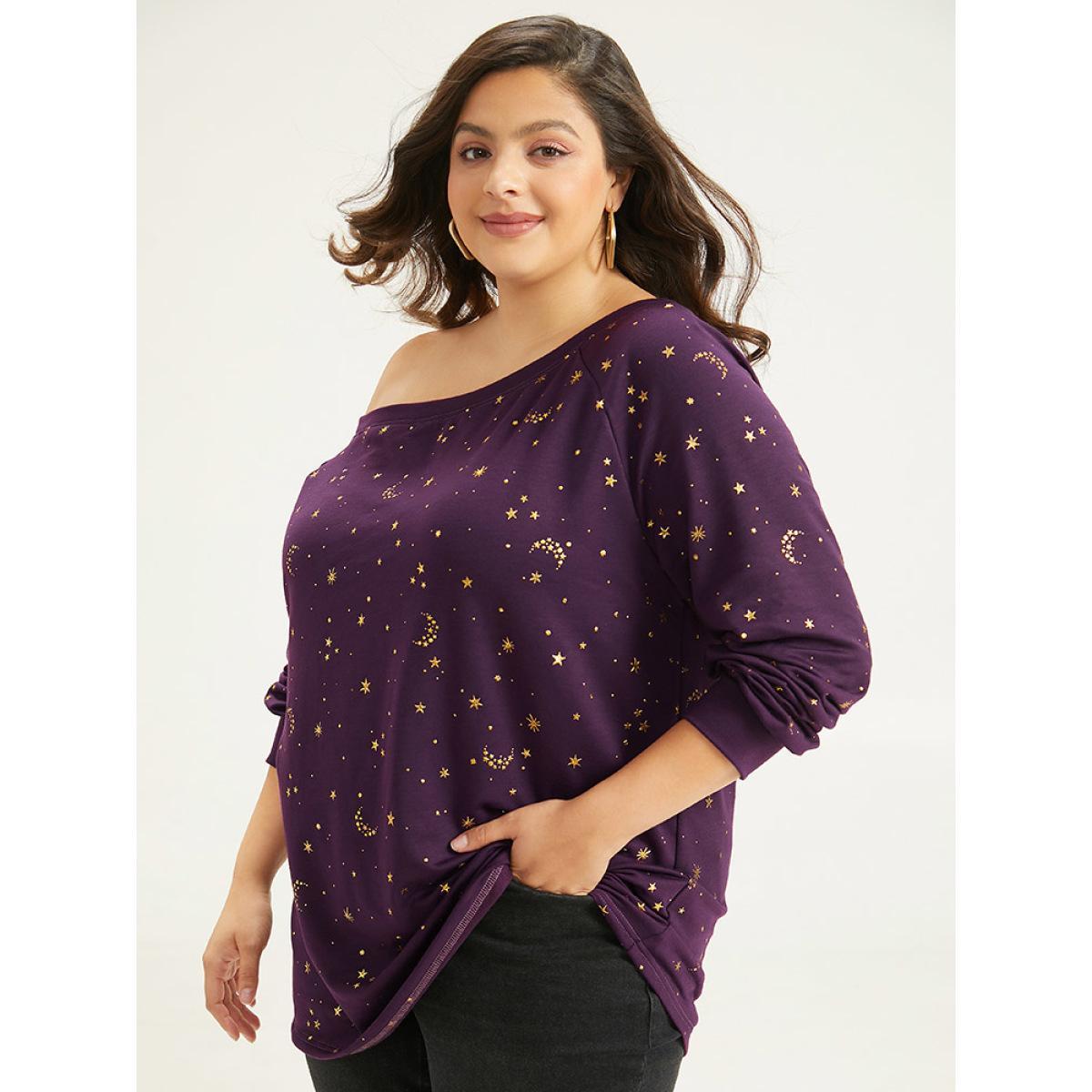 Plus Size Moon & Star Glitter One Shoulder Sweatshirt Women Eggplant Casual Elastic cuffs One Shoulder Dailywear Sweatshirts BloomChic 26/4X Product Image