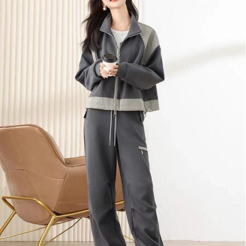 Set: Two Tone Zip-Up Jacket + High Rise Wide Leg Pants Product Image