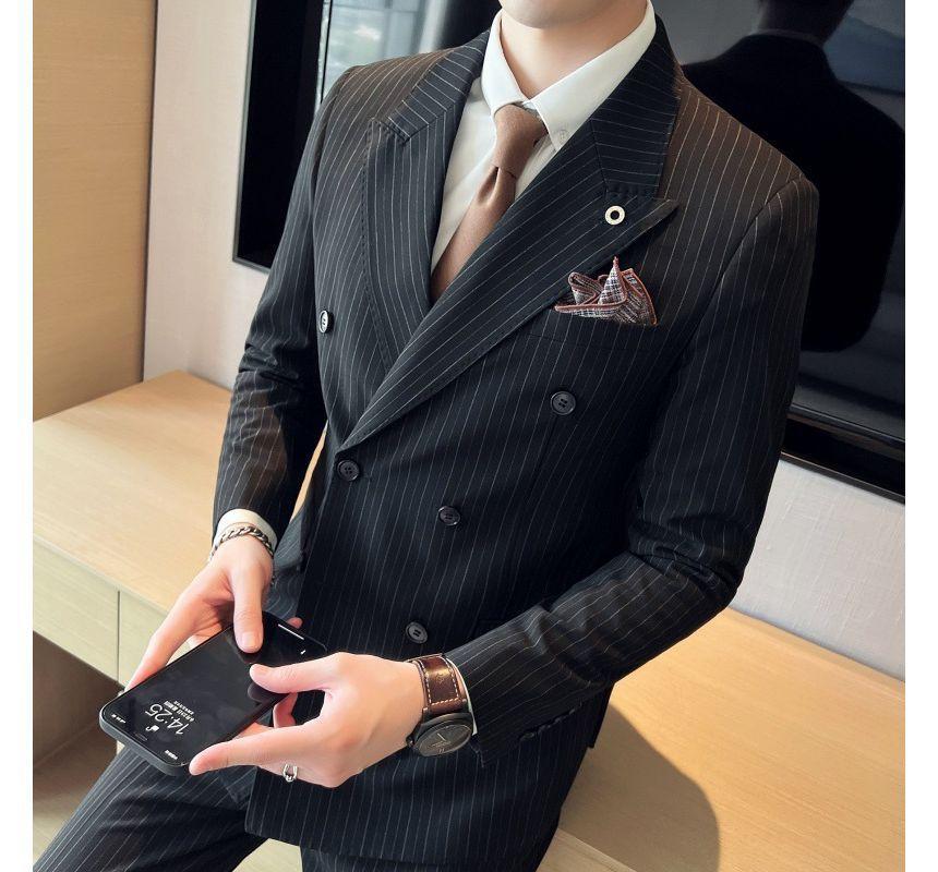 Set: Peak Lapel Striped Double-Breasted Blazer + Cropped Tapered Pants Product Image