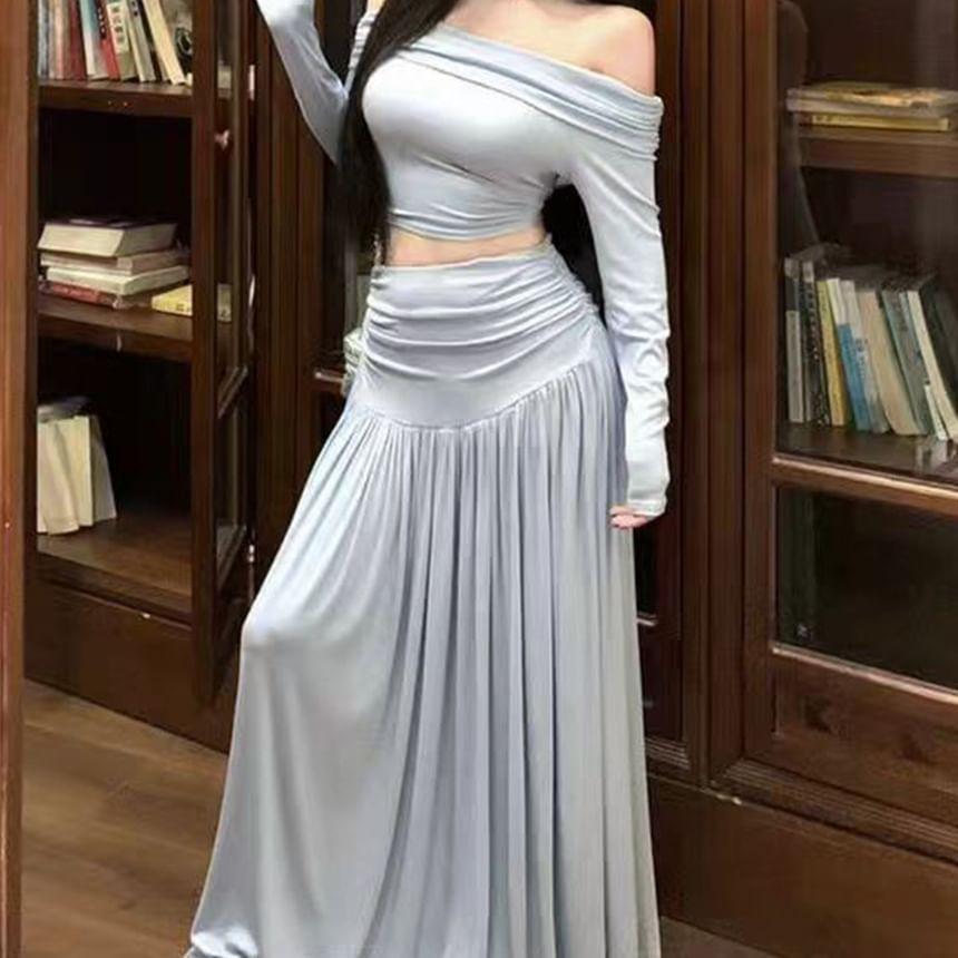 Set: Long Sleeve Off Shoulder Plain Ruched Crop Top + High Rise Maxi A-Line Skirt Product Image