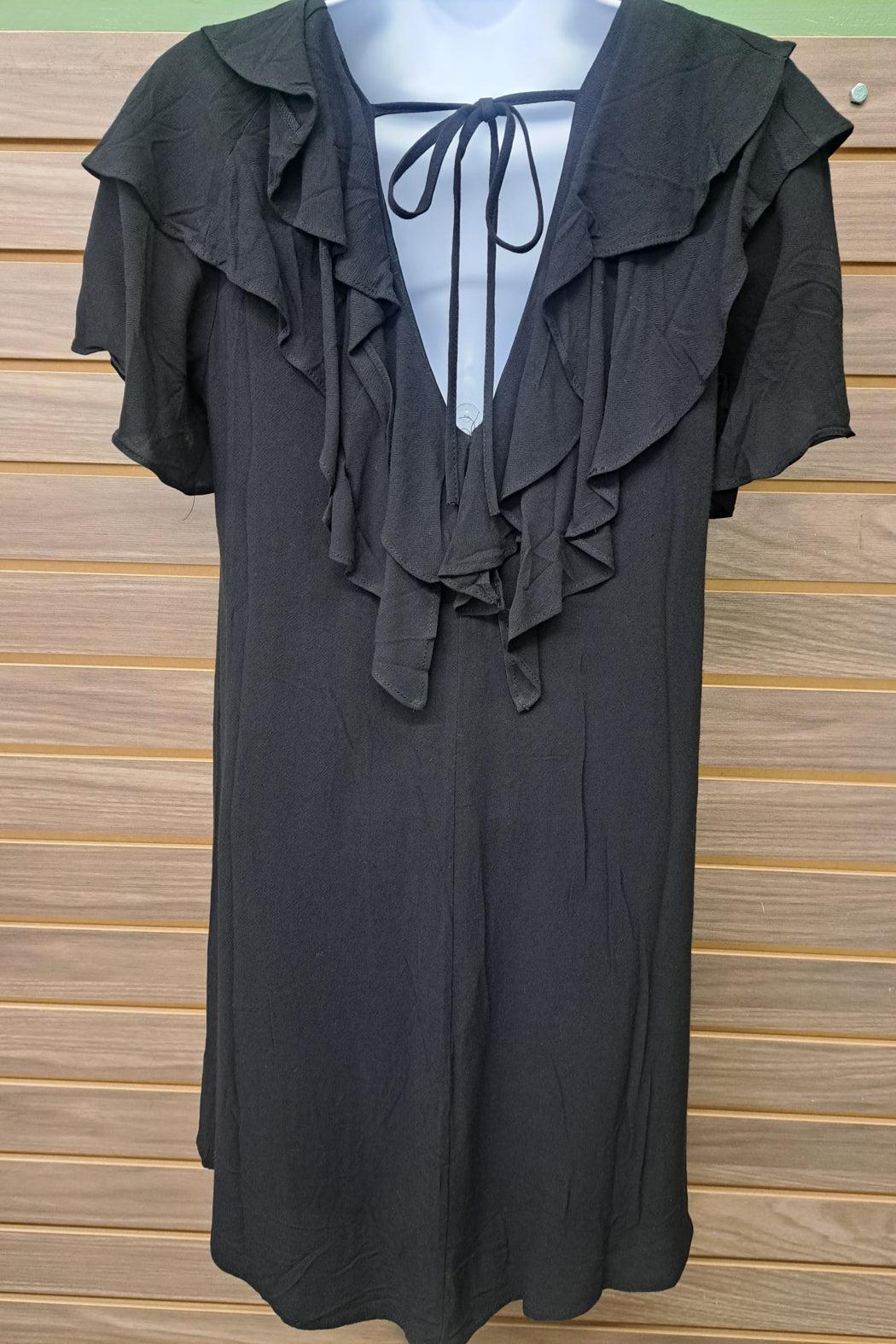 Black ruffled tie back short sleeved dress Product Image