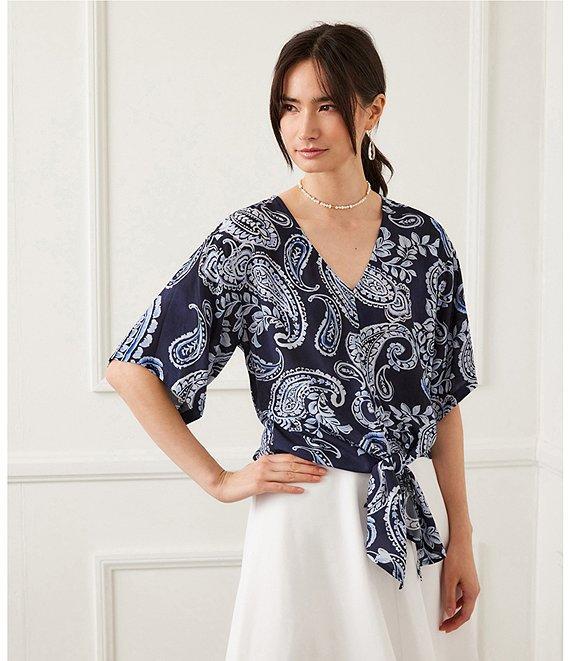 Karen Kane Paisley V-Neck Flutter Sleeve Tie Front Top Product Image
