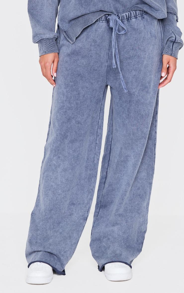  Blue Grey Washed Embossed Thin Waistband Wide Leg Sweatpants Product Image
