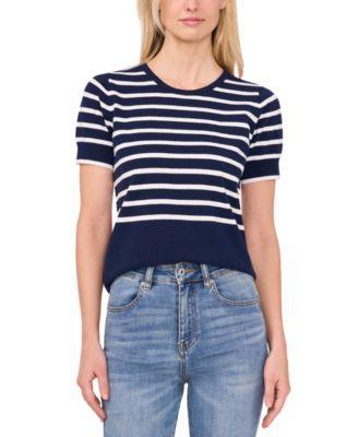 CeCe Womens Cotton Short-Sleeve Striped Crewneck Sweater Product Image