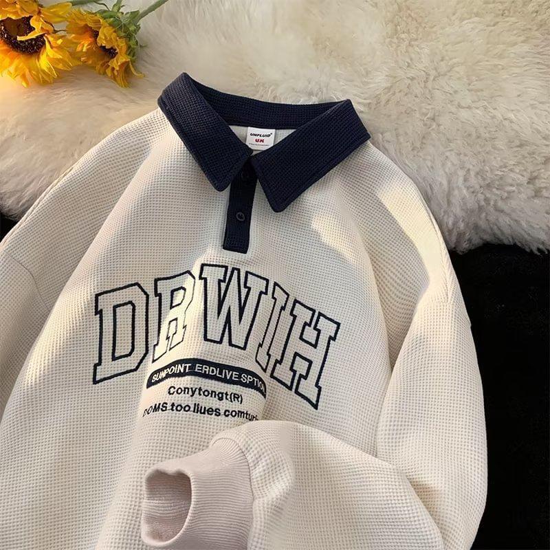 Long-Sleeve Letter Embroidered Contrast Collar Sweatshirt Product Image