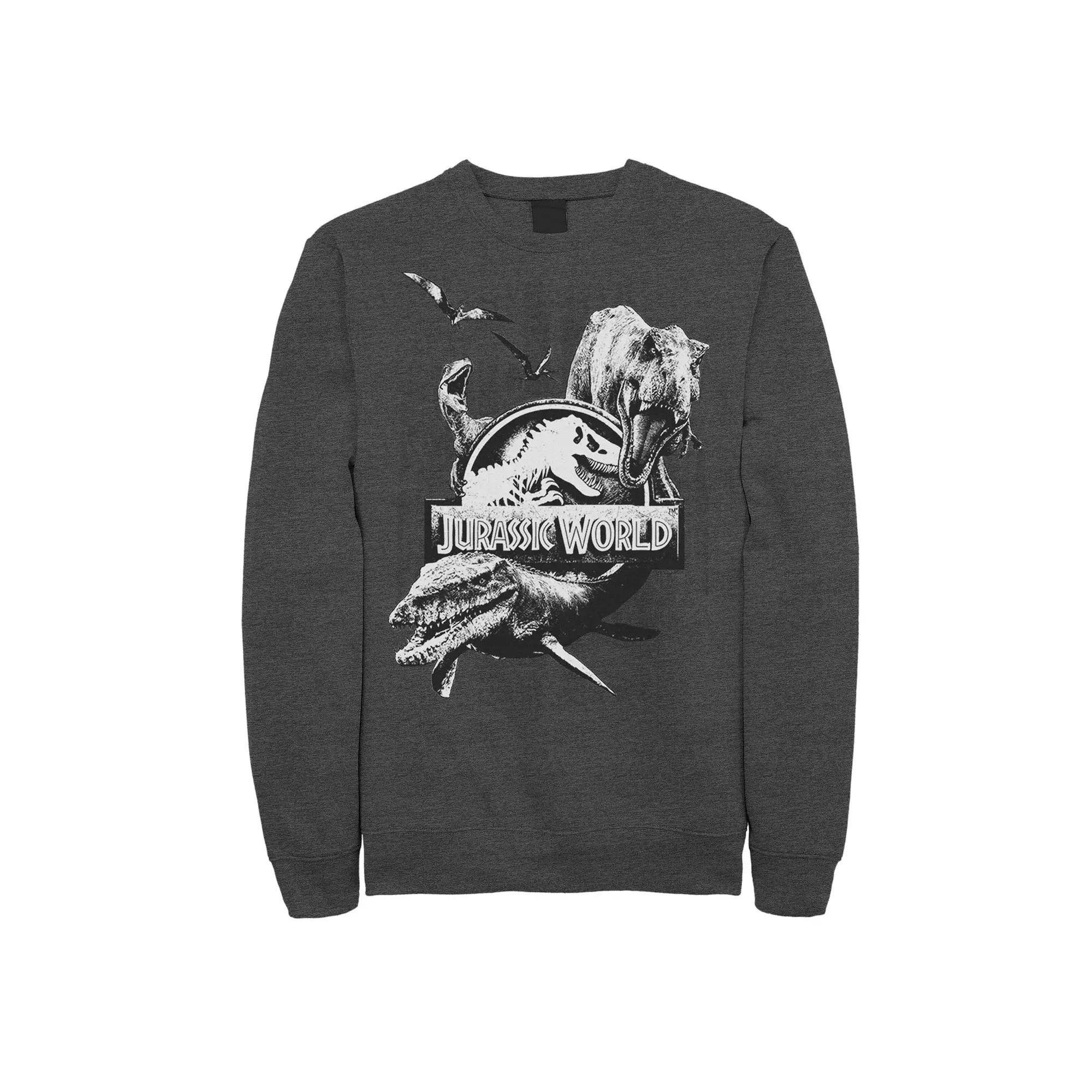 Men's Jurassic World Two Dino Collage Grunge Logo Fleece, Size: Small, Grey Heather Product Image
