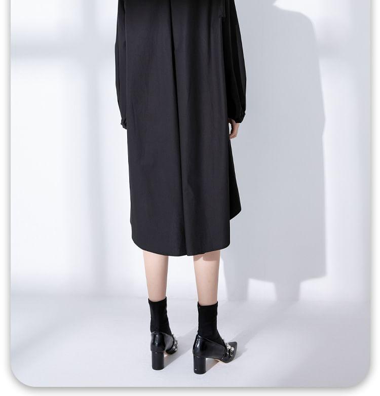 Long-Sleeve Stand Collar Plain Half-Buttoned Tunic Dress Product Image