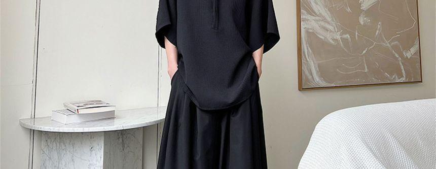 Elbow-Sleeve Stand Collar Plain Shirt Product Image