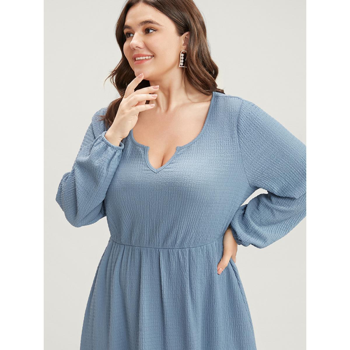 Plus Size Solid Textured Notched Pocket Lantern Sleeve Ruffle Hem Dress LightBlue Women Elegant Pocket V-neck Elbow-length sleeve Curvy Midi Dress BloomChic 12/L Product Image