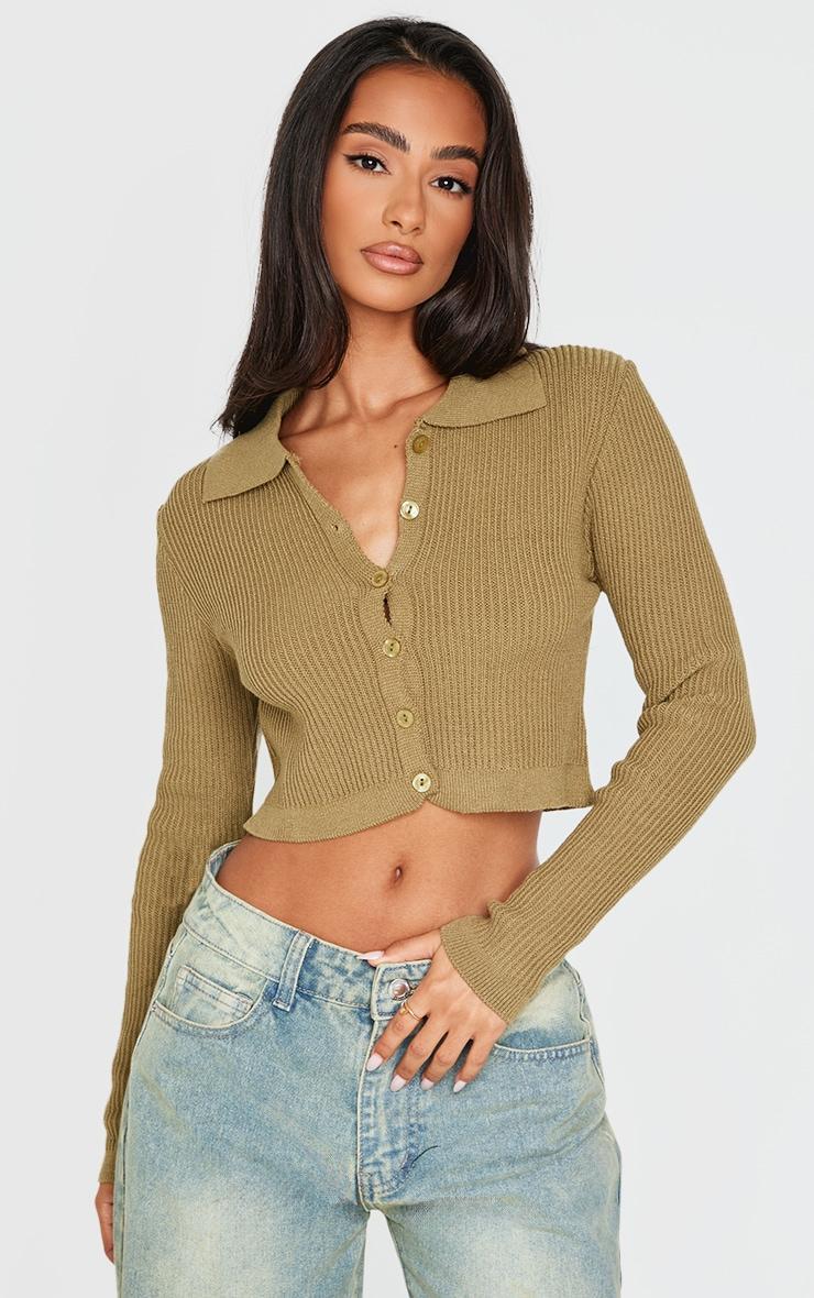Petite Khaki Knitted Rib Cropped Cardigan Product Image