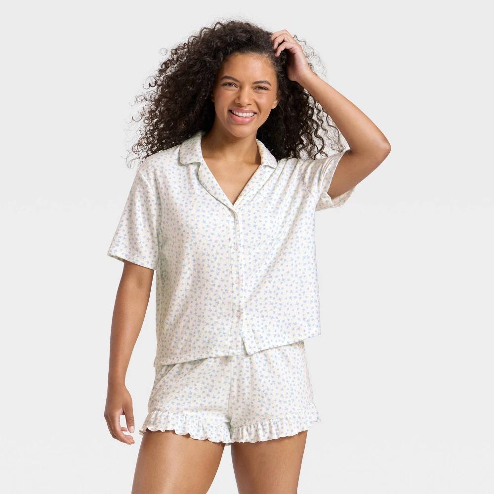 Women's Pointelle Notch Collar Shirt and Shorts Pajama Set - Wild Fable™ Product Image