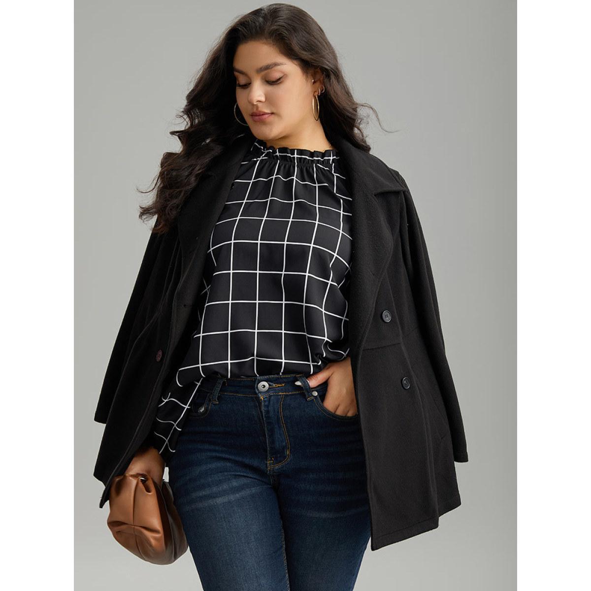 Plus Size Black Plaid Stand Collar Ruffles Lantern Sleeve Blouse Women Office Long Sleeve Stand-up collar Work Blouses BloomChic 10/M Product Image