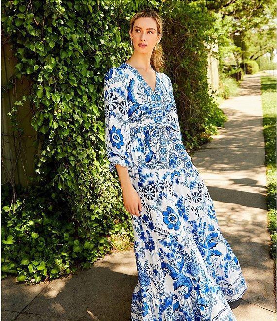 A Loves A Floral Printed Linen Blend Long Sleeve V-Neck Self Tie Maxi Dress Product Image