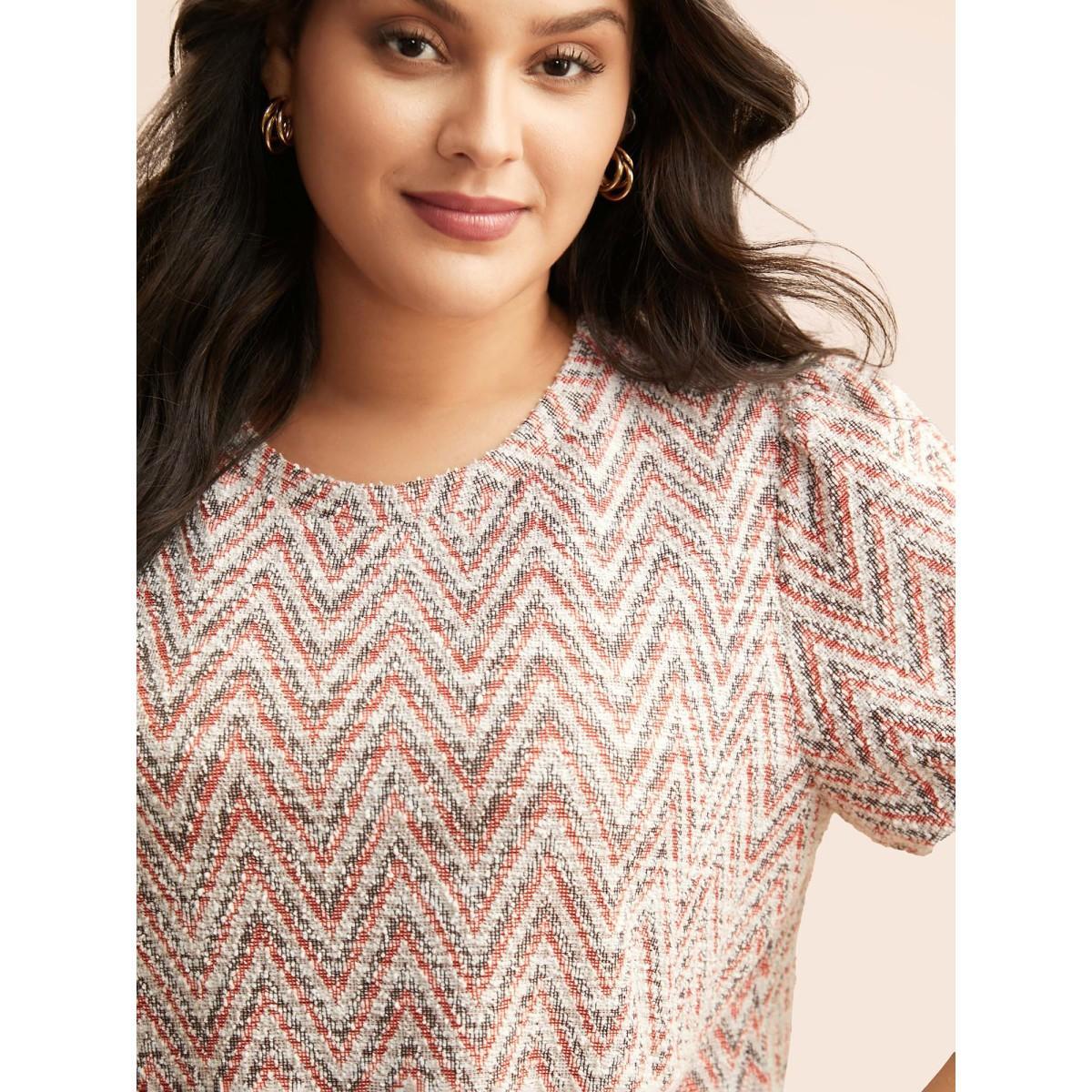 Plus Size Textured Round Neck Lantern Sleeve T-shirt Brightred Women Elegant Texture Round Neck Everyday T-shirts BloomChic 30/6X Product Image