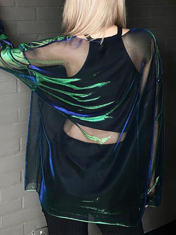 Long Sleeves Loose Gauze See-Through Round-Neck T-Shirts Tops Product Image