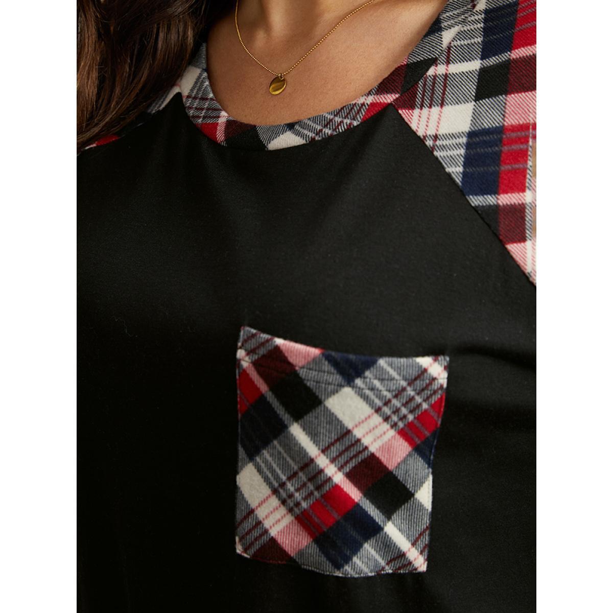 Plus Size Plaid Patched Pocket Raglan Sleeve T-shirt Black Women Casual Contrast Plaid Round Neck Festival-Christmas T-shirts BloomChic 14-16/1X Product Image