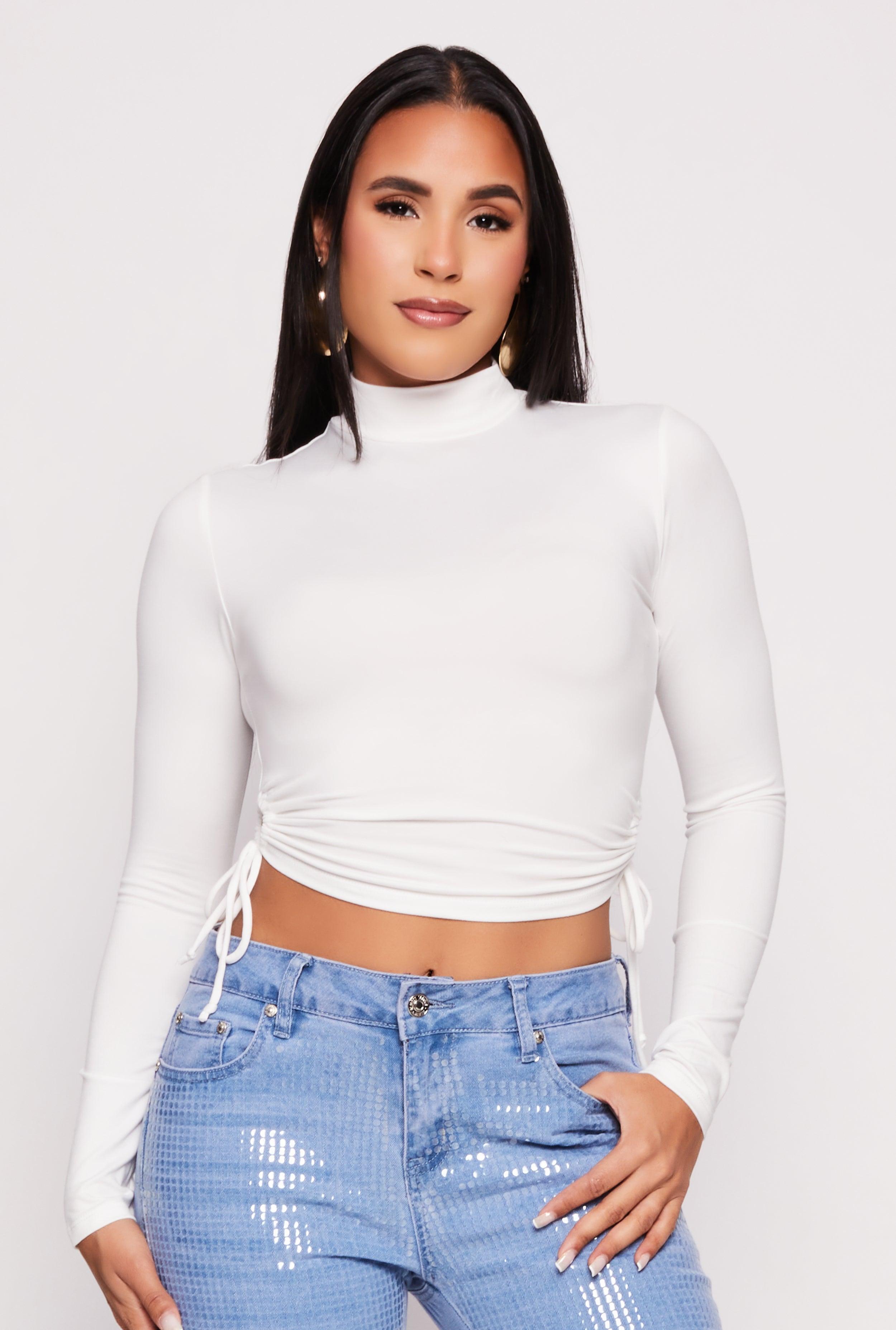 Womens Side Tie Mock Neck Long Sleeve Crop Top Product Image