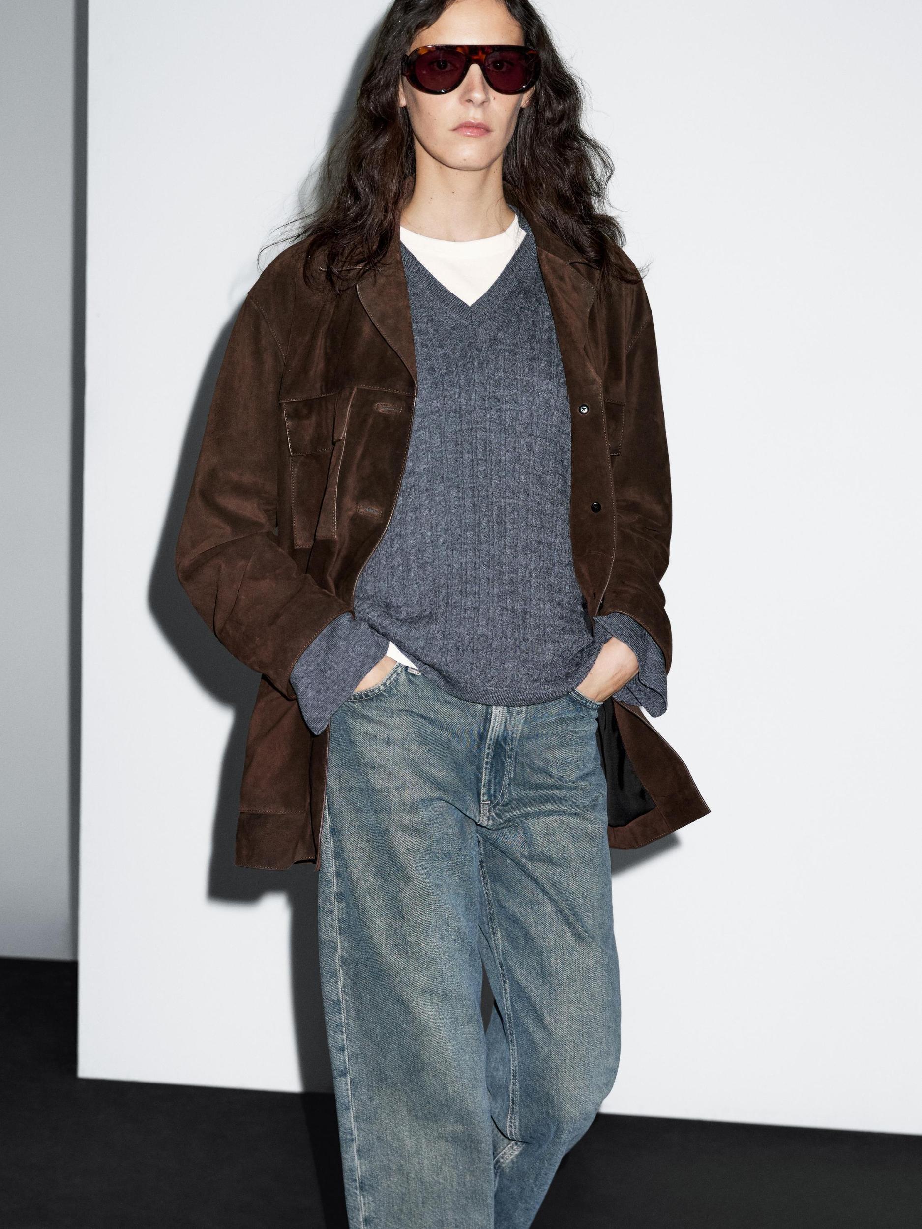 Split suede leather jacket with pockets Product Image