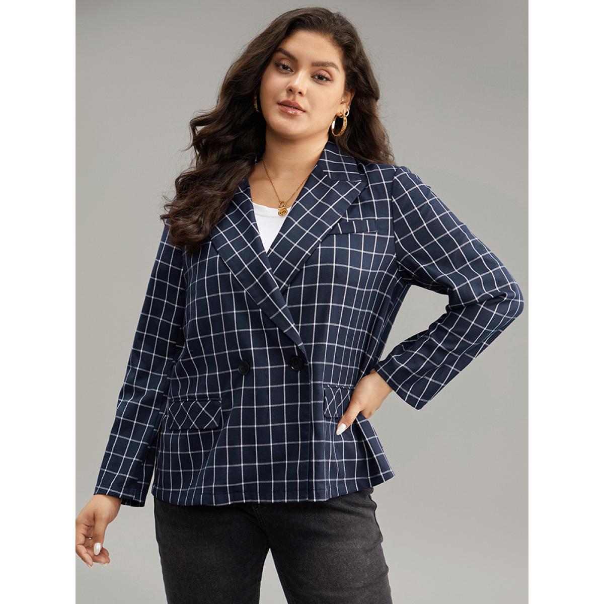 Plus Size Plaid Flap Detail Suit Collar Button Up Blazer DarkBlue Women Dailywear Plaid Contrast Sleeve Long Sleeve Suit Collar 28/5X Pocket Casual Blazers BloomChic Product Image