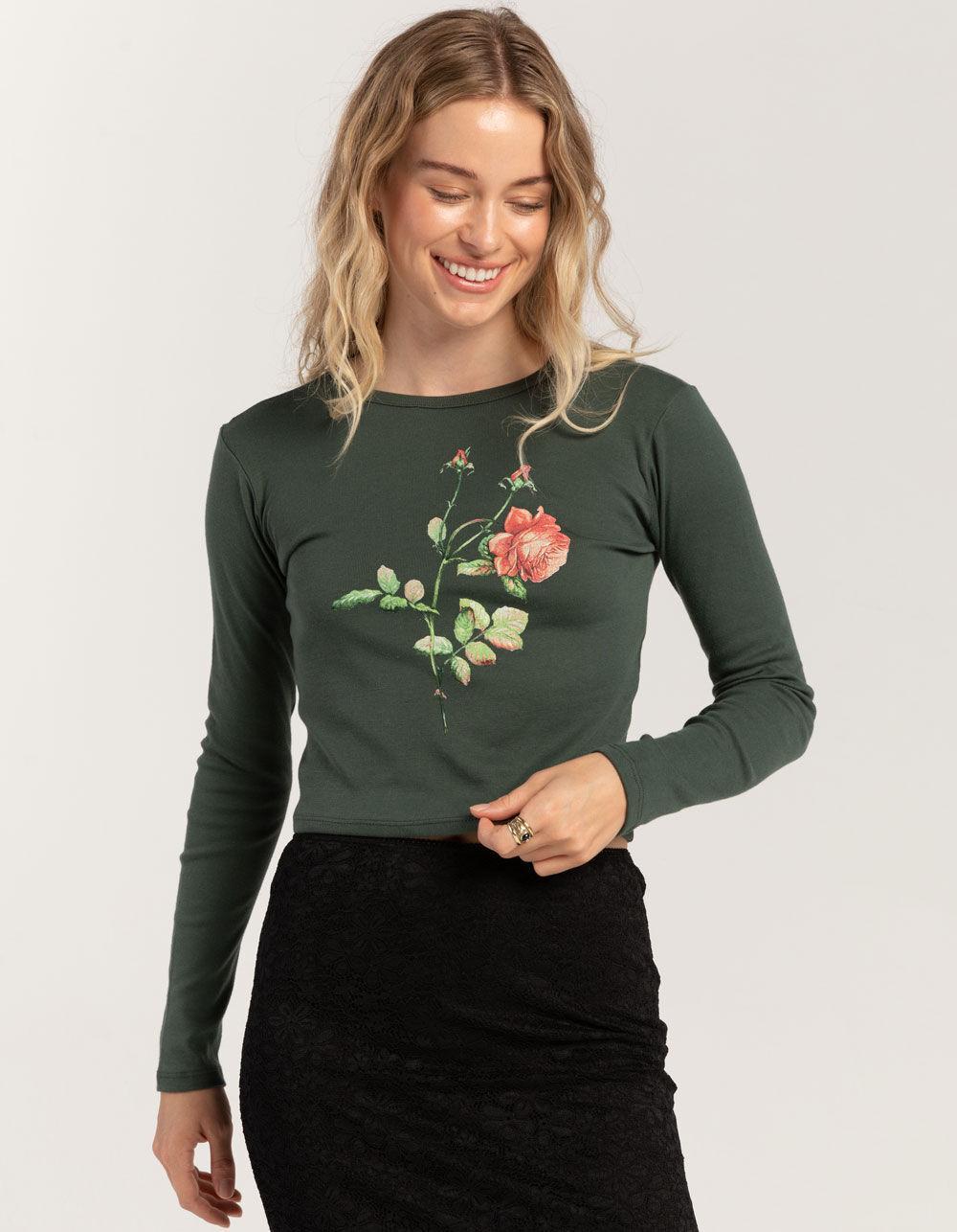 FULL TILT Flower Womens Long Sleeve Baby Tee - GREEN Product Image
