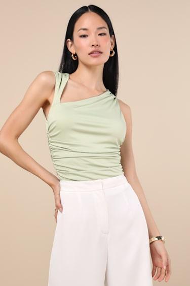 Ikuko Sage Green Asymmetrical Ruched Sleeveless Top Product Image
