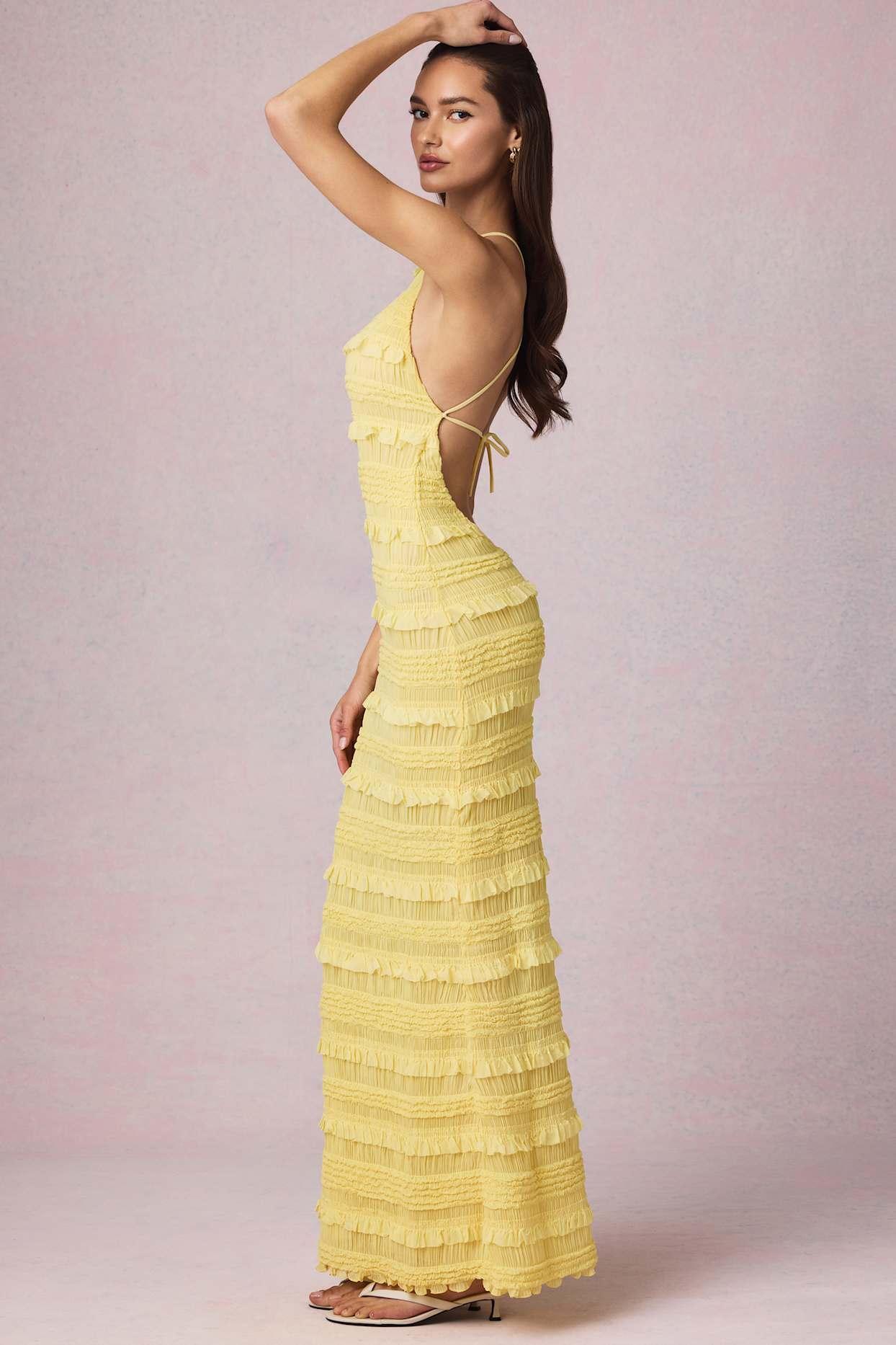 Ruffled Backless Halterneck Maxi Dress in Lemon Yellow Product Image