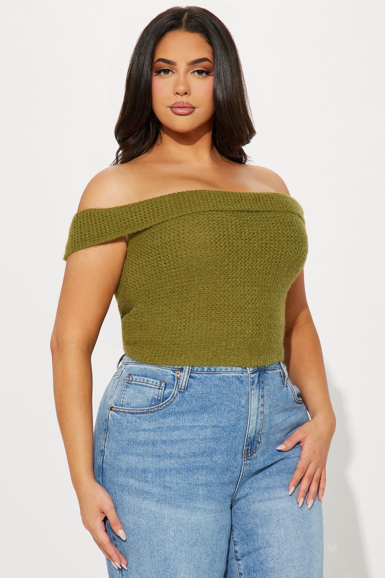 In Too Deep Off Shoulder Sweater Top - Olive Product Image
