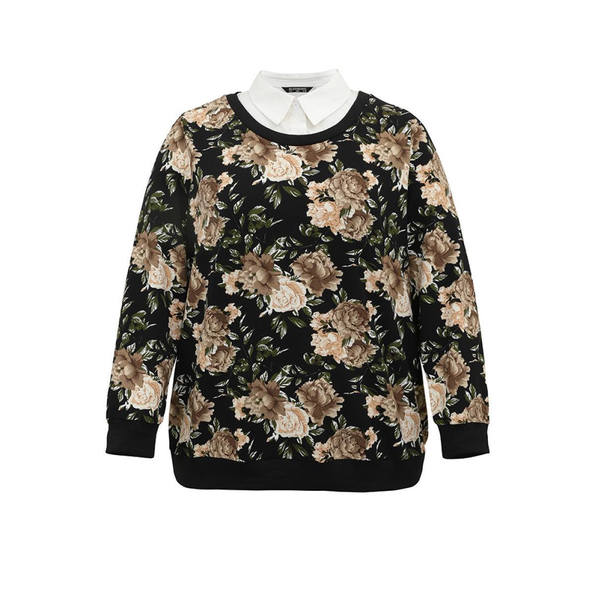 Plus Size 2-In-1 Floral Print Shirt Collar Sweatshirt Women BlackFlower Elegant Printed Shirt collar Dailywear Sweatshirts BloomChic 28/5X Product Image