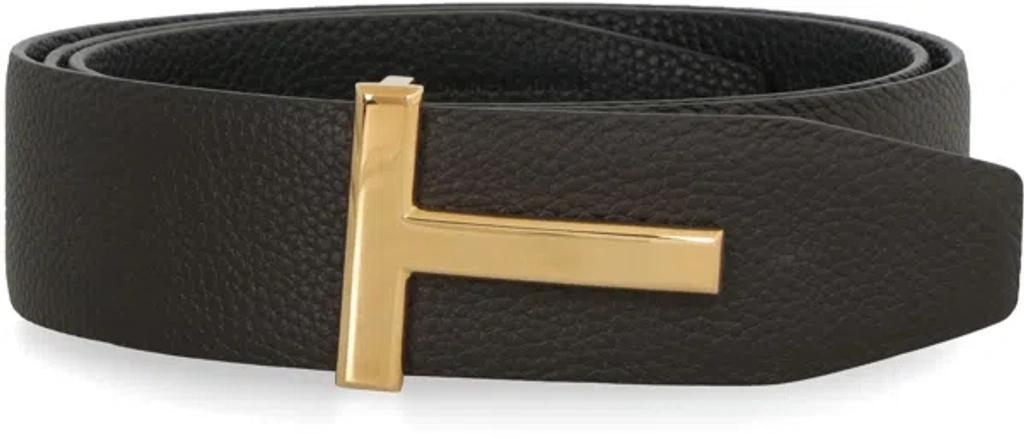 TOM FORD T Grainy Leather Belt In Brown Black Gold T Product Image