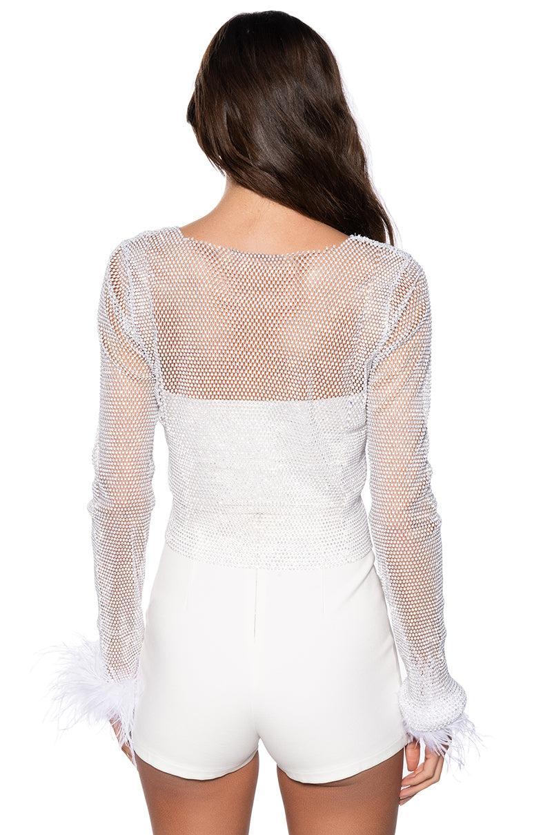 LONG SLEEVE FEATHER CUFF RHINESTONE TOP IN WHITE Product Image