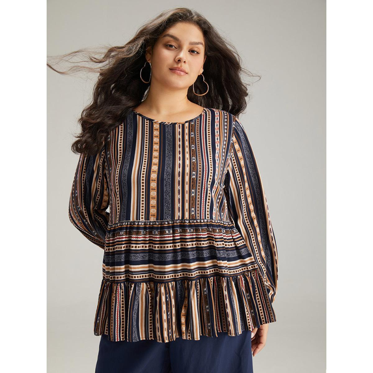 Plus Size Indigo Bandana Stried Crew Neck Gathered Blouse Women Vacation Long Sleeve Round Neck Dailywear Blouses BloomChic 26/4X Product Image