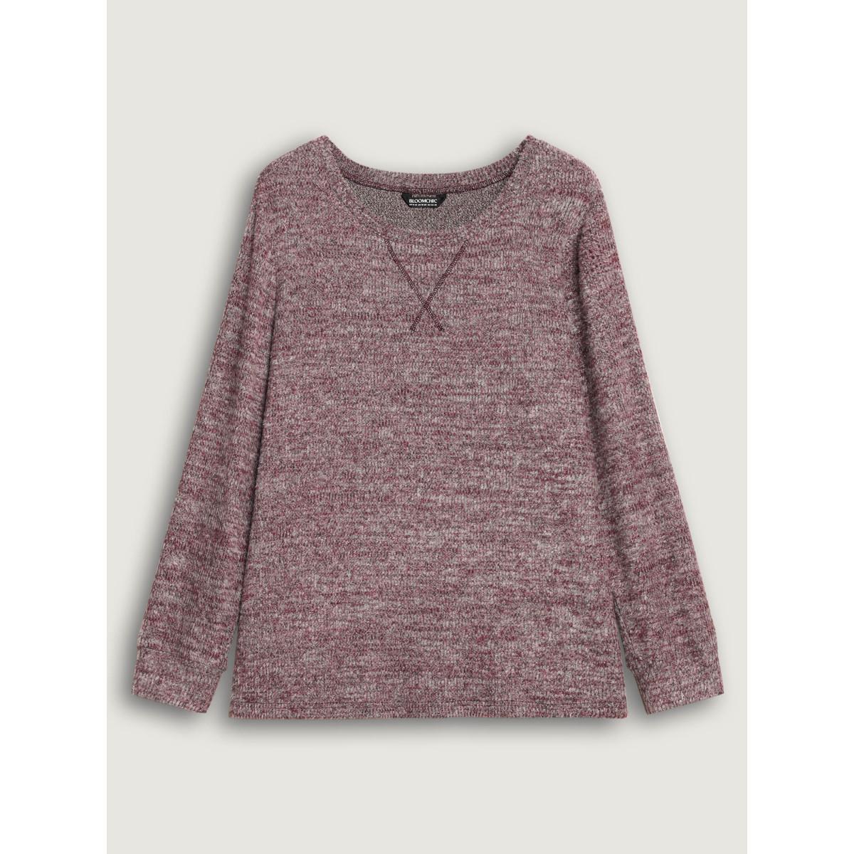 Plus Size Solid Heather Round Neck Stitch Sweatshirt Women Deepred Casual Topstitching Round Neck Everyday Sweatshirts BloomChic 22-24/3X Product Image