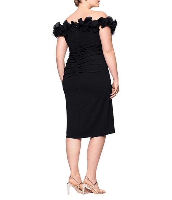 Xscape Plus Size Scuba Crepe V-Neck Sleeveless Wire Ruffle Trim Ruched Back Dress Product Image