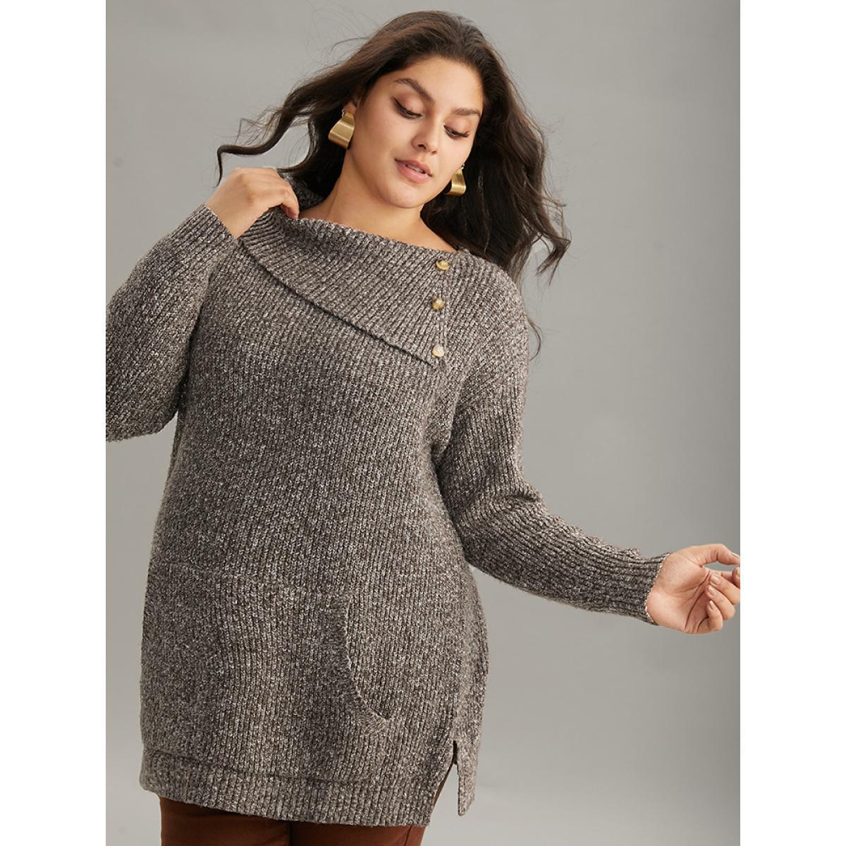Plus Size Heather Split Hem Asymmetrical Button Detail Pullover DarkBrown Women Casual Loose Long Sleeve Asymmetrical Neck Dailywear Pullovers BloomChic 18-20/2X Product Image