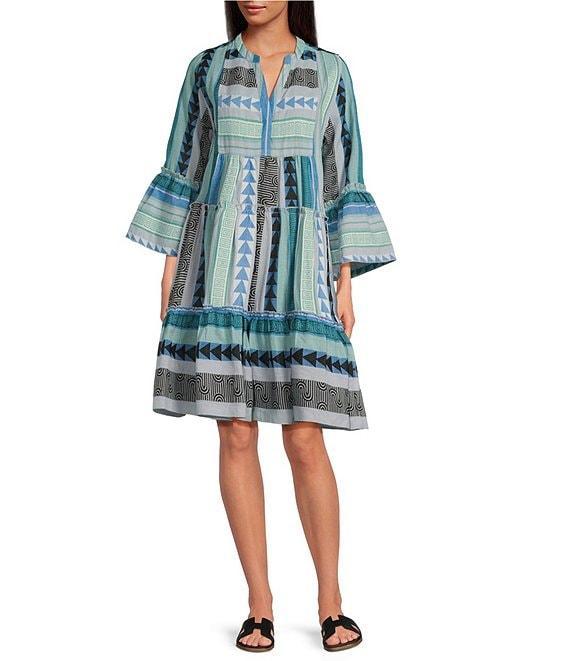 ELAN Arrow Print Split V-Neck 3/4 Bell Sleeve Babydoll Dress Product Image