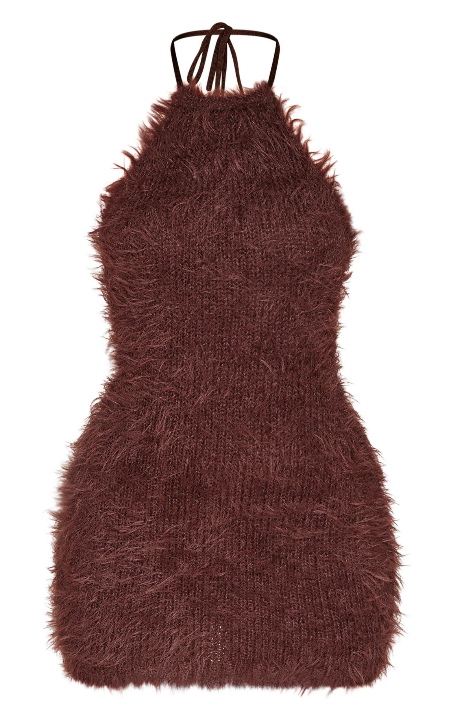 Petite Chocolate Fluffy Knit Halterneck Mini Dress Product Image