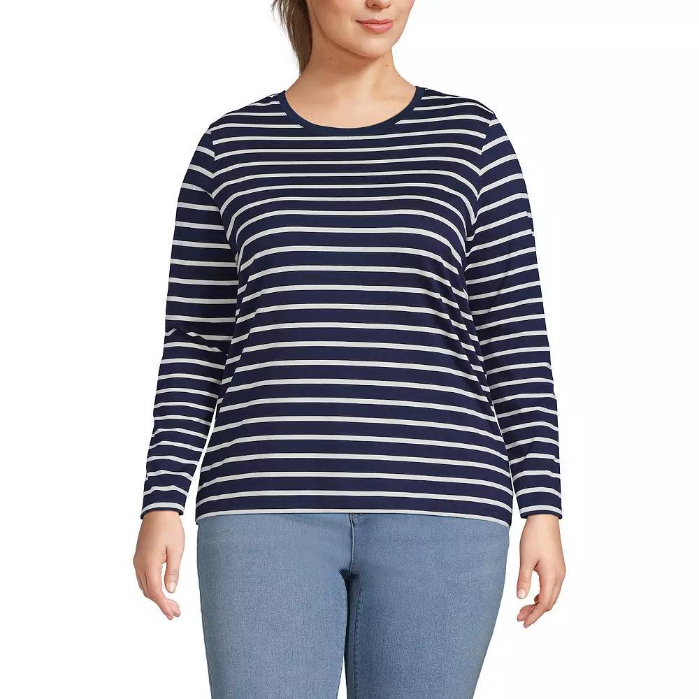 Plus Size Lands' End Long Sleeve Relaxed Supima Cotton Crewneck Tee, Women's, Size: 1XL, Ivory Black Stripe Product Image